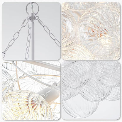 Hand Blown Glass Bubble Ball Chandelier White Finish 32" Pendant Light Fixture Art Deco Cluster Ribbed Glass Swirled Globe Lighting for Bedroom Dining Room Restaurant Bathroom Entry