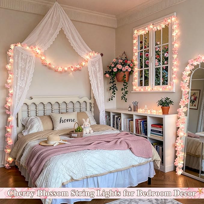 JMEXSUSS Cherry Blossom Lights Battery Operated, 15.75 FT 48 LED Pink Flower Garland with Lights, Artificial Flower Vines Garland for Gackdrop Spring Wedding Bedroom Classroom Indoor Decor