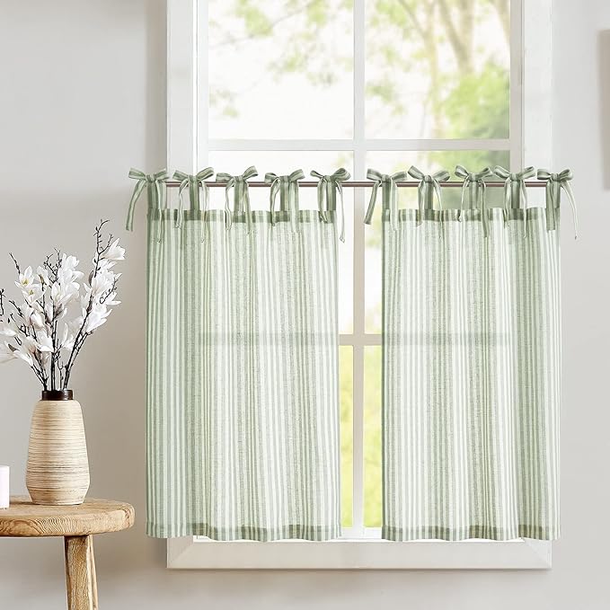 jinchan Tie Top Linen Kitchen Curtains 36 Inches Striped Tier Curtains Farmhouse Modern Cafe Style Small Window Treatments Airy Light Filtering Rod Pocket for Living Room Bathroom 2 Panels Sage Green