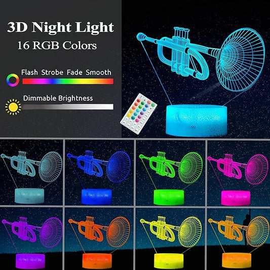 Trumpet Night Light, Trumpet Gifts, 3D Illusion Lamp with 16 Colors Changing, Timer, 4 Flash Modes and Dimmable, Kids Boys Girls Room Decoration, Holiday Xmas Gifts