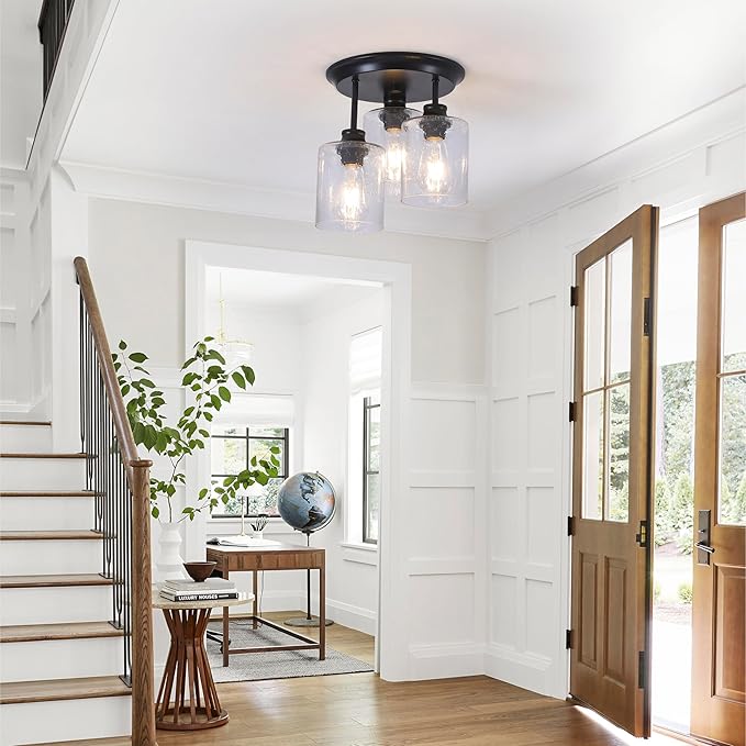 Semi Flush Mount Ceiling Light, Matte Black Kitchen Light Fixtures Ceiling Mount with Seeded Glass Shades, 3-Light Close to Ceiling Light Fixtures for Kitchen Hallway Foyer Dining Room.