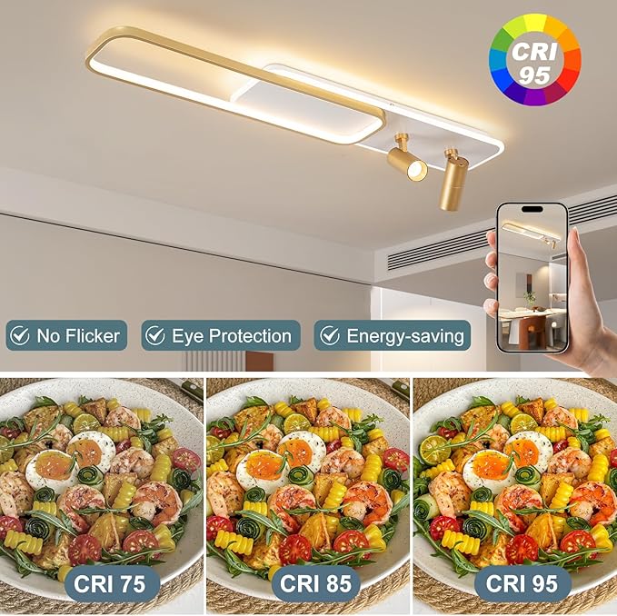 EIDISUNY Modern LED Ceiling Light Remote Control, 39.3in Linear Ceiling Light with 2 Adjustable Spotlights 65W, Dimmable 3CCT, Gold Long Ceiling Light Fixture for Bedroom Kitchen Living Room