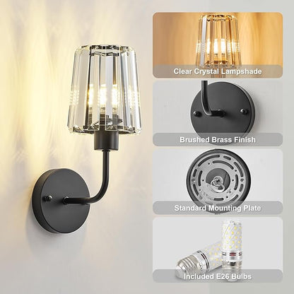 KARTOOSH Hardwired Crystal Wall Sconces Set of Two - Dimmable Wall Light Fixtures 3000K, Warm White, for Hallway, Bathroom, Living Room, Bedroom, Black, 13 Inch