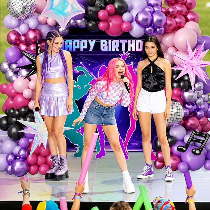 JOGAMS 175Pcs Dark Night Kpop Hunter Balloons Arch Kit, Black Metallic Pink Purple Disco Balloons with Iridescent Star Music Note Foil Balloons for K-Pop Music Disco Theme Birthday Concert-Style Stage