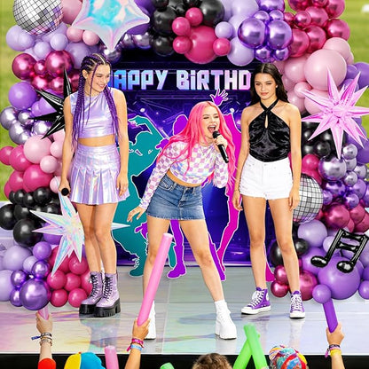 JOGAMS 175Pcs Dark Night Kpop Hunter Balloons Arch Kit, Black Metallic Pink Purple Disco Balloons with Iridescent Star Music Note Foil Balloons for K-Pop Music Disco Theme Birthday Concert-Style Stage