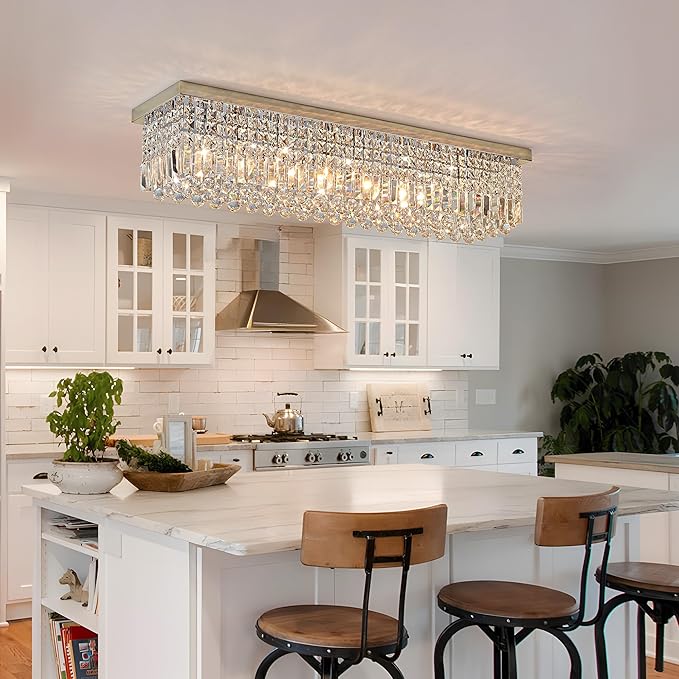 Crystal Chandelier for Dining Room 39.3" Modern Gold K9 Crystal Rectangle Chandeliers Flush Mount Pendant Light Fixture Kitchen Island Bar Dining Room Bedroom Bathroom Hotel