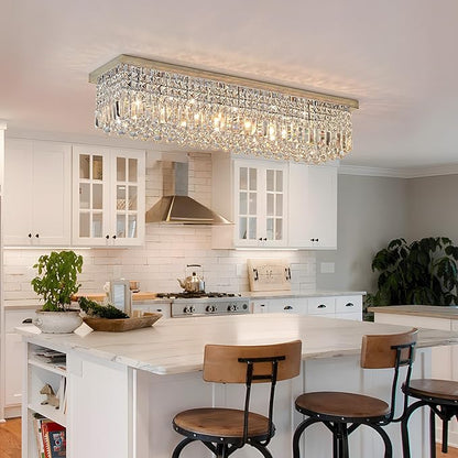Crystal Chandelier for Dining Room 39.3" Modern Gold K9 Crystal Rectangle Chandeliers Flush Mount Pendant Light Fixture Kitchen Island Bar Dining Room Bedroom Bathroom Hotel