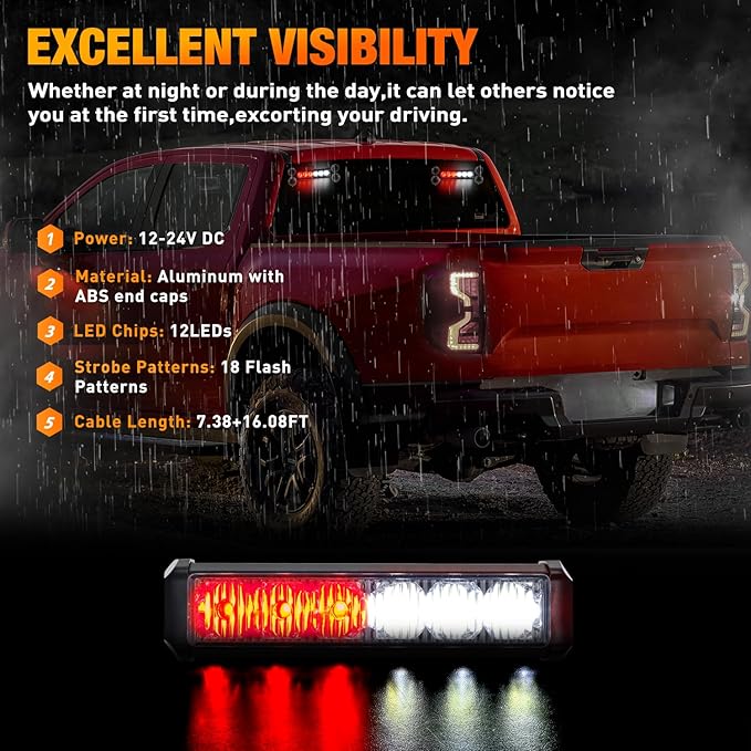 Nilight 12LED Emergency Strobe Traffic Advisor Light Bar 2 in 1 Red White Dash Warning Safety Flashing Lights Front/Rear Windshield Construction Lights for Trucks Cars Plow Police Firefighter Vehicles