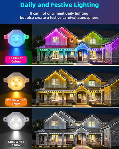 REYLAX Permanent Outdoor Lights Pro, 150ft with 108 Triple-LED 135lm, RGB+IC Smart Eaves Christmas Lights for House, IP67 Waterproof, Multi Scenes for Outdoor Decor, Works with Alexa, Google, Remote
