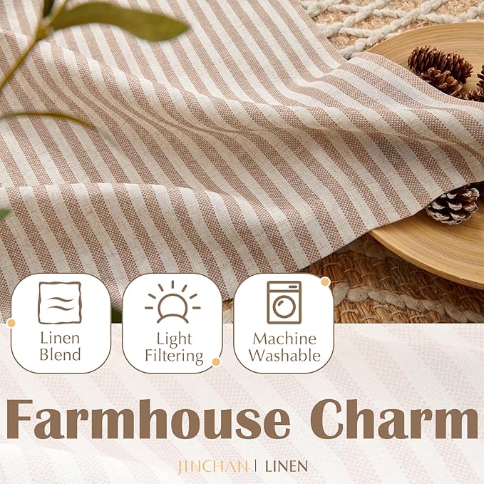 jinchan Striped Linen Kitchen Curtains 24 Inches Length Tier Curtains Farmhouse Modern Cafe Style Small Window Treatments Airy Light Filtering Rod Pocket for Living Room Bathroom 2 Panels Tan