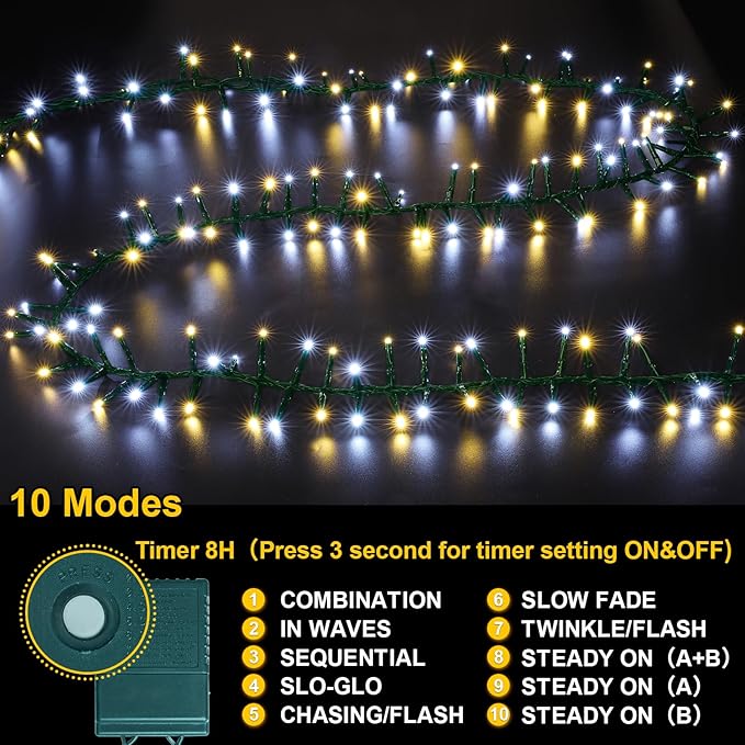 LAMPHOME 500 LED String Lights - Outdoor/Indoor Plug-in Twinkle Fairy Lights, 46ft 500LED, Warm White & White