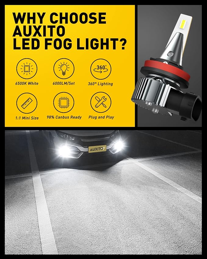 AUXITO H11 H8 H16 LED Fog Light Bulb, 400% Brightness Super Bright, 6500K Cool White, Plug and Play, Fanless H11 Halogen Replacement Fog lights DRL Bulbs for Vehicle, Pack of 2