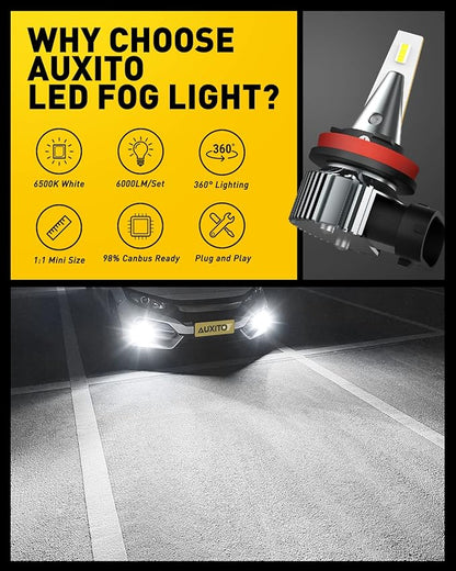 AUXITO H11 H8 H16 LED Fog Light Bulb, 400% Brightness Super Bright, 6500K Cool White, Plug and Play, Fanless H11 Halogen Replacement Fog lights DRL Bulbs for Vehicle, Pack of 2
