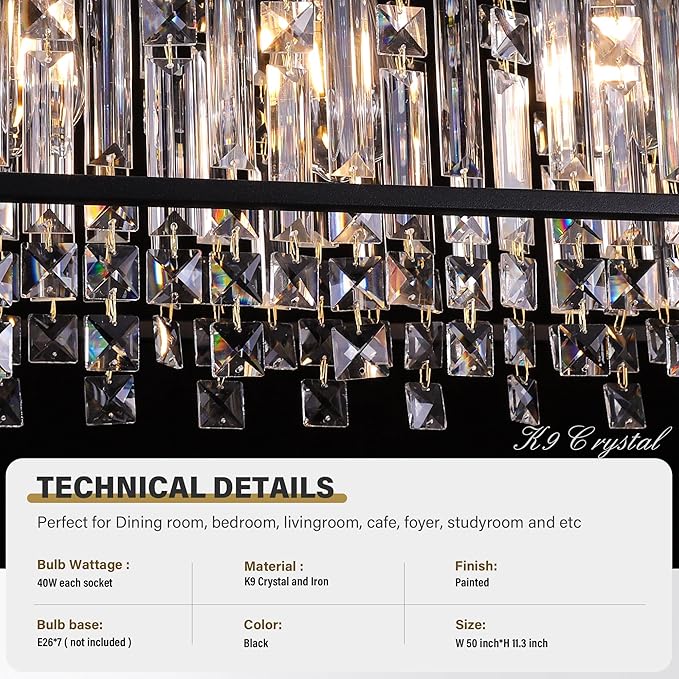 Modern Black Crystal Chandeliers For Dining Room, 50" Large Rectangle Water Ripple Glass Pendant Elegant Linear Lighting for Kitchen Island Dining Room LivingRoom Flat Inclined Ceiling,L50 x W11 x H19