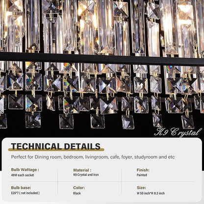 Modern Black Crystal Chandeliers For Dining Room, 50" Large Rectangle Water Ripple Glass Pendant Elegant Linear Lighting for Kitchen Island Dining Room LivingRoom Flat Inclined Ceiling,L50 x W11 x H19