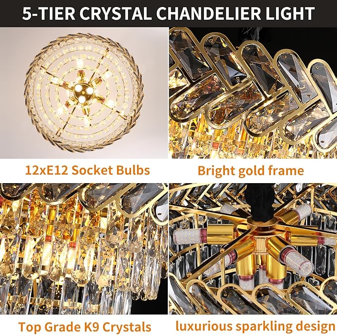 Modern Crystal Chandelier Gold,24" Round Crystals Chandeliers for Dining Room Top K9 Adjustable Ceiling Light Fixture 5-Tier Crystal Pendant Lamp 9-Light for Living Room Foyer Staircase