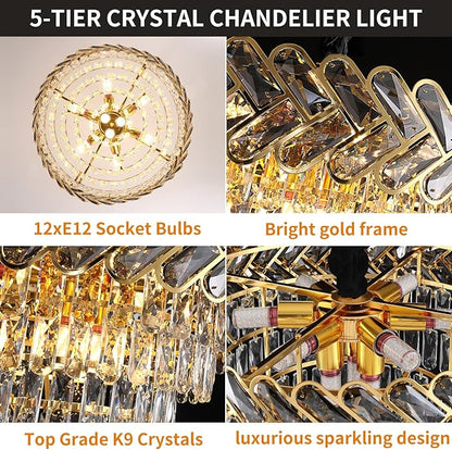 Modern Crystal Chandelier Gold,24" Round Crystals Chandeliers for Dining Room Top K9 Adjustable Ceiling Light Fixture 5-Tier Crystal Pendant Lamp 9-Light for Living Room Foyer Staircase