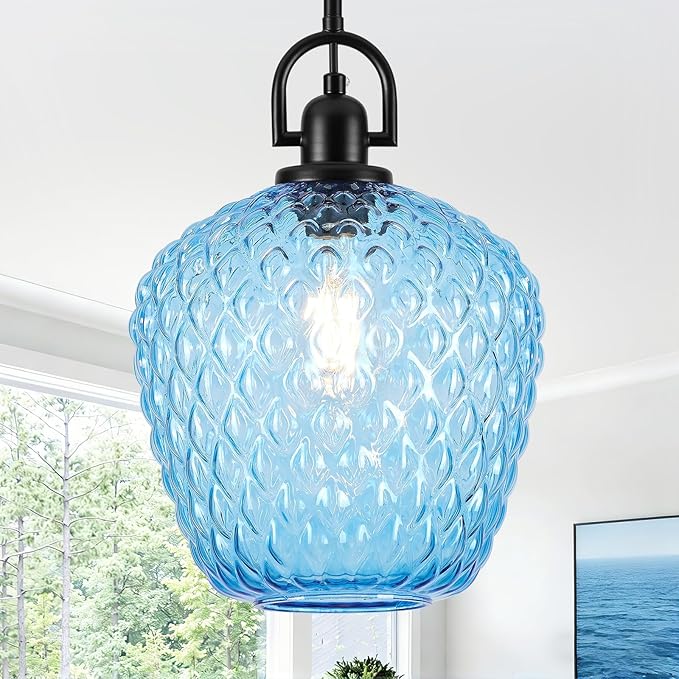 Large Glass Pendant Lights Kitchen Island, 10" 1-Light Black Pendant Light Fixtures with Blue Hammered Glass, Modern Hanging Light for Kitchen Island Dining Room Entryway Foyer