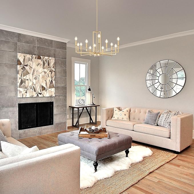 Modern Gold Chandelier, Farmhouse Candle Dining Room Chandeliers, Metal Hanging Pendant Light Fixture for Kitchen, Foyer, Bedroom, Living Room, Staircase, Entryway, 12-Light