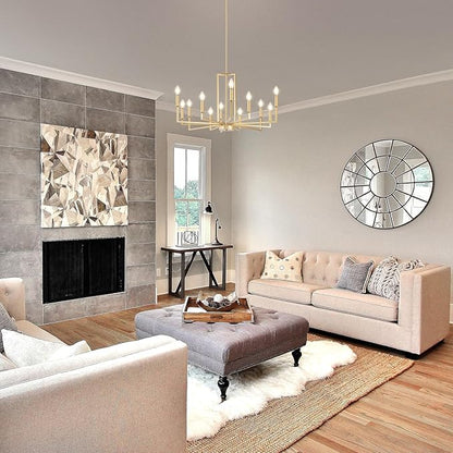 Modern Gold Chandelier, Farmhouse Candle Dining Room Chandeliers, Metal Hanging Pendant Light Fixture for Kitchen, Foyer, Bedroom, Living Room, Staircase, Entryway, 12-Light