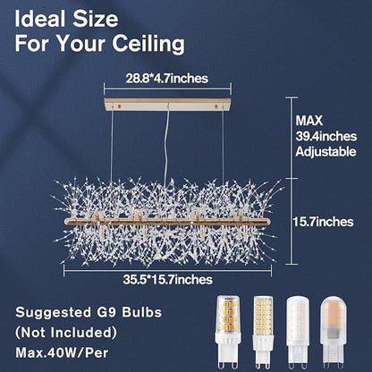 CM MZY 12-Light Crystal Firework Chandelier, Modern Dining Room Lighting Fixture, Gold Metal Finish