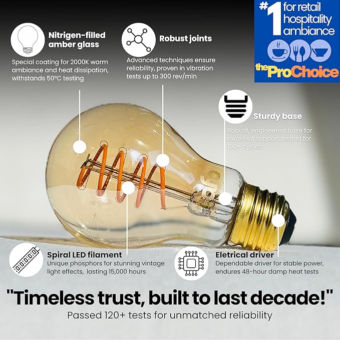 TimelessGlow 4 Pack Dimmable A19 LED Filament Bulb 5W 40W Equivalent Warm Amber 2000K E26 Base CRI80 Amber Glass Spiral Filament ETL FCC Certified Flicker Free Decorative Lighting