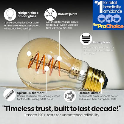 TimelessGlow 4 Pack Dimmable A19 LED Filament Bulb 5W 40W Equivalent Warm Amber 2000K E26 Base CRI80 Amber Glass Spiral Filament ETL FCC Certified Flicker Free Decorative Lighting