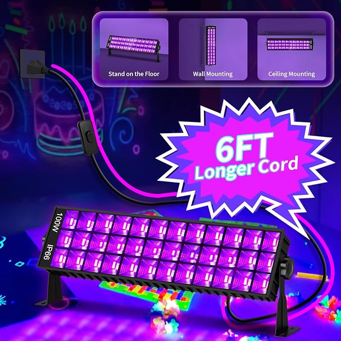 100W Black Light Bar IP66 Waterproof, LED Blacklight with Plug+Switch+6ft Cord, Indoor/Outdoor Black Lights, Light Up 1400 sq.ft, for Neon Glow Party Body Paint Fluorescent Poster Classroom Halloween