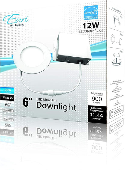 Euri Lighting DLC6S-2050e Ultra-Slim Dimmable 6" Circlular Downlight, 12W (100W Equal), 900lm, 5000K (Cool White), IC Rated, No Housing Required, E-Star & ETL Listed