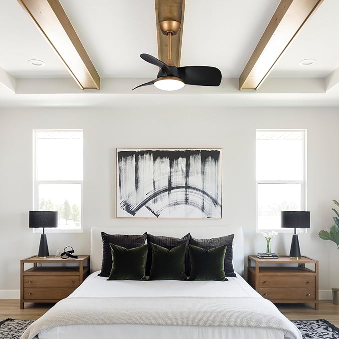28 Inch Black Gold Ceiling Fan with Light and Remote, Industrial Modern Small Ceiling Fan, 6-Speed Quiet DC Motor, Reversible Airflow, Dimmable LED Light, Use for Bedroom, Dining Room, Kitchen