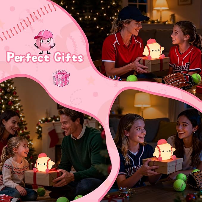 OkiyiD Softball Night Light, Cute Softball Gifts for Girls, Dimmable Rechargeable Silicone Touch Bedside Lamp for Girls Daughter Room Dorm Softball Fan Sporty Decor