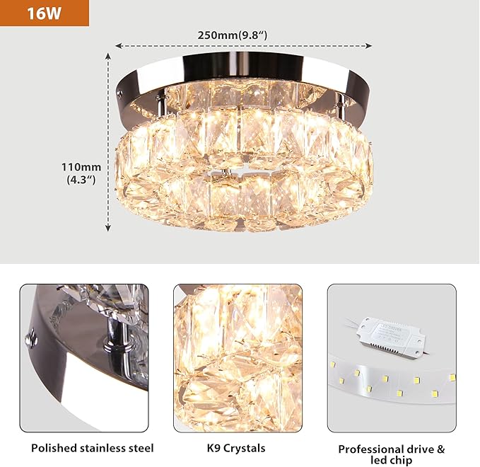 9.8" Modern Mini LED Crystal Chandelier Round Crystal Ceiling Light Flush Mount Light Fixture Small Ceiling Light for Hallway Foyer Kitchen Closet Warm White