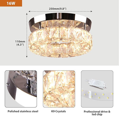 9.8" Modern Mini LED Crystal Chandelier Round Crystal Ceiling Light Flush Mount Light Fixture Small Ceiling Light for Hallway Foyer Kitchen Closet Warm White