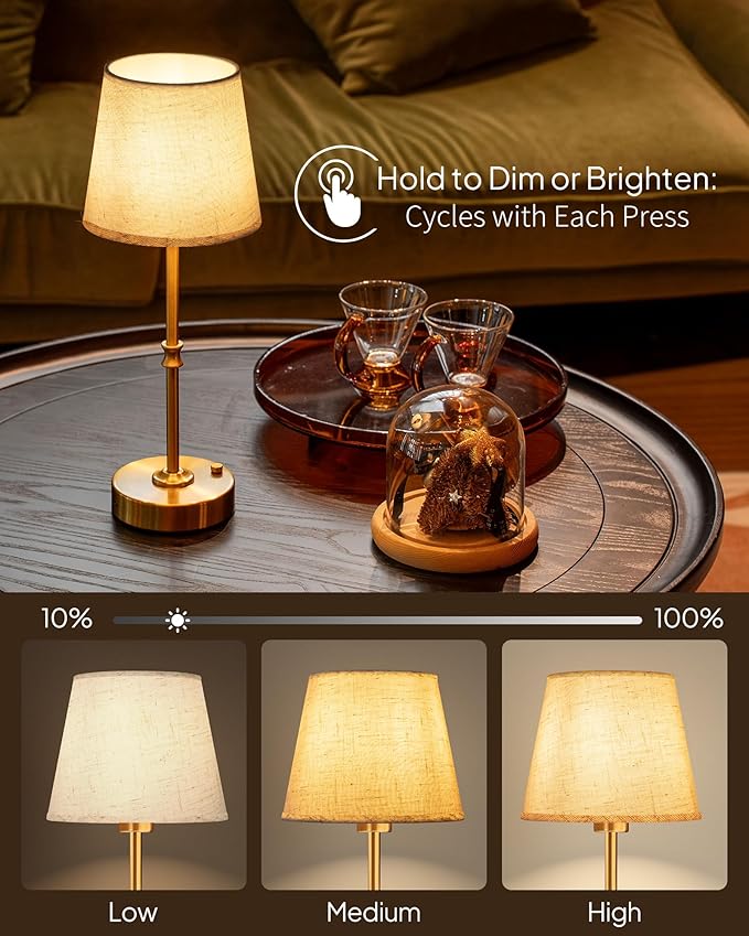 EppieBasic Cordless Table Lamp Rechargeable: Fast Charging & Long Lasting - 2700K Warm Light Small Vintage Gold Side Table Lamps - Dinning Living Room Bedroom - Linen Shade