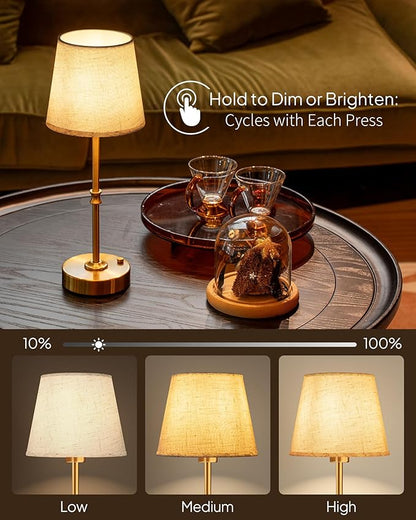 EppieBasic Cordless Table Lamp Rechargeable: Fast Charging & Long Lasting - 2700K Warm Light Small Vintage Gold Side Table Lamps - Dinning Living Room Bedroom - Linen Shade