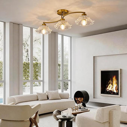 Semi Flush Mount Ceiling Light Fixture,3 Lights Modern Glass Shade Chandelier, Mini Ceiling Fixture for Entryway, Kitchen, Bedroom, Golden