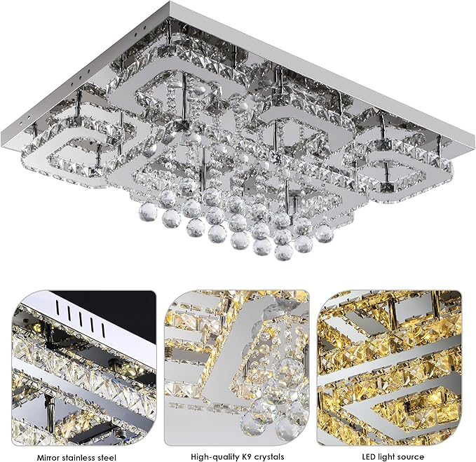 32 inch Flush Mount Chandelier Crystal Ceiling Light with Remote Control/APP,3CCT Dimmable&Brightness Adjustable, Modern Crystal Raindrop Silver Chandeliers for Bedroom Hallway Dinning Room LivingRoom