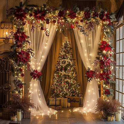 Fomcet Tulle Backdrop Curtains with Lights String White 10FT X 8FT Sheer Curtain with Lights Tulle Curtains Backdrop for Wedding Birthday Party Baby Shower Photo Shoot (2 Panels 5x8FT)