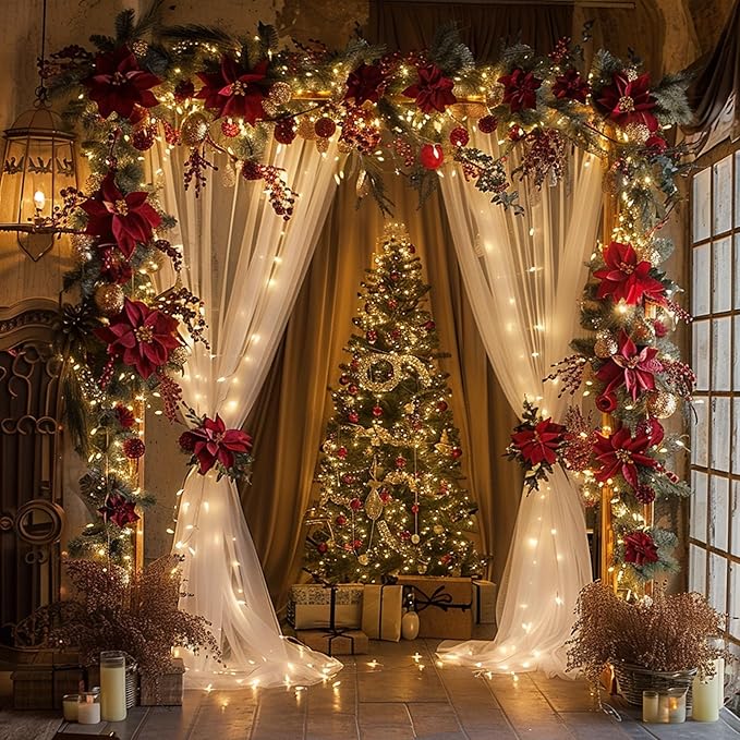 Fomcet Tulle Curtains with Lights String White 20FT X 8FT Sheer Backdrop Curtains for Parties Wedding Baby Shower Photo Shoot Decorations (4 Panels 5x8FT)
