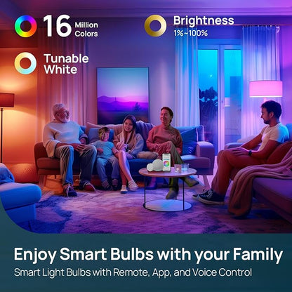 Linkind Smart Light Bulbs with Remote Control, Smart Bulb That Work with Alexa & Google Home, 16 Million Color Changing Light Bulbs 60W, A19 E26 2.4Ghz WiFi Light Dimmable,1800K-6500K,800lm 4 Pack