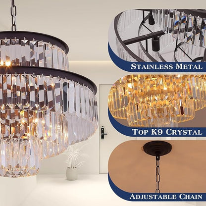 Modern Crystal Chandelier Pendant Ceiling Lights 5-Tier Chandeliers for Dining Rooms Foyer Hallway 13-Lights (Dia 24 Inch)-Oil Brown