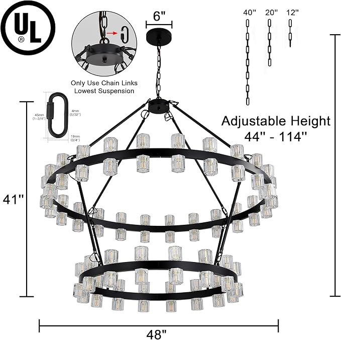 48 Inch Black Wagon Wheel Chandelier with Crystal Shade, 2 Tier 80 Lights, Modern Farmhouse Style, Ideal for Dining Room, Kitchen, Entryways