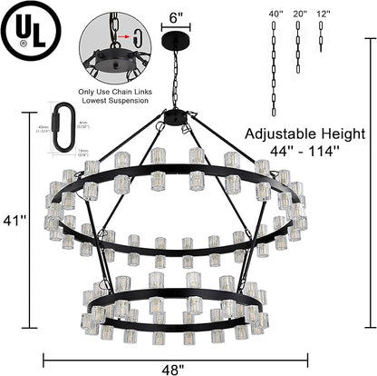 48 Inch Black Wagon Wheel Chandelier with Crystal Shade, 2 Tier 80 Lights, Modern Farmhouse Style, Ideal for Dining Room, Kitchen, Entryways