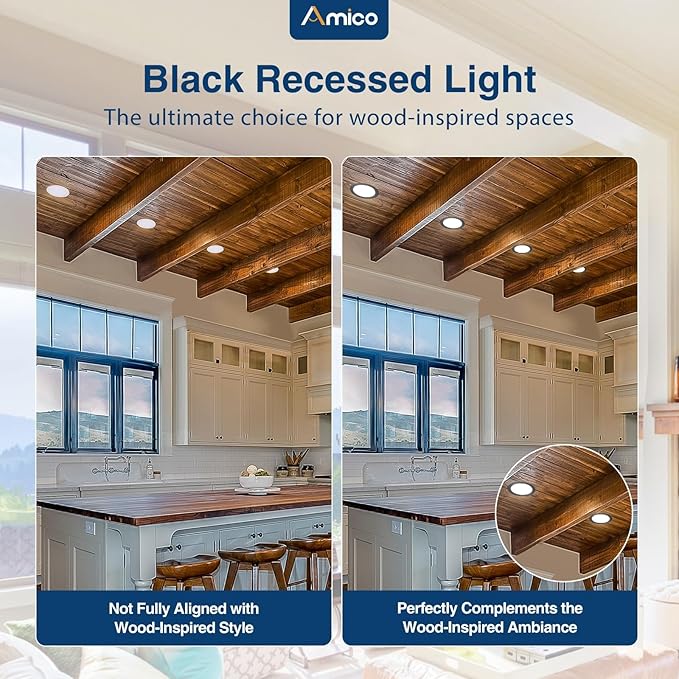 Amico 6 Pack 4 Inch 5CCT Ultra-Thin LED Recessed Ceiling Light with Junction Box, 2700K/3000K/3500K/4000K/5000K Selectable, 11W Eqv 70W, Dimmable Canless Downlight, 800LM High Brightness,Black