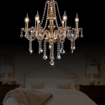 Bagood Champagne 6 Lights K9 Crystal Candle Chandeliers Lighting Modern Pendant Lights Candle Chandelier Lighting Crystal Modern Chandelier for Dining Living Room Bedroom E12 Base, H22 x W23.6 Inch