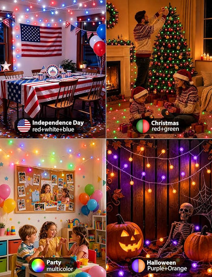 echosari Smart 4th of July Lights Plug in, 10FT 60 LED Color Changing Globe Fairy Lights RGB Built in Chip with App Remote Control, Firecracker String Lights for Indoor Bedroom Party Holiday Decor