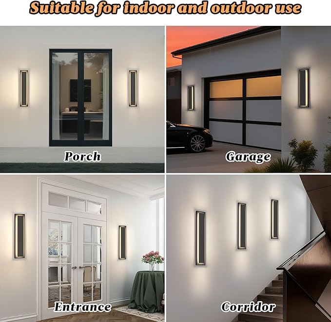 𝟐𝟒 𝐈𝐍 Long Black Outdoor Wall Light Exterior Light for House, Front Porch Light Fixture 𝟒 𝐏𝐚𝐜𝐤s, 24W Modern LED Outdoor Wall Sconce, Waterproof Outside Garage Light, 3000K Warm White
