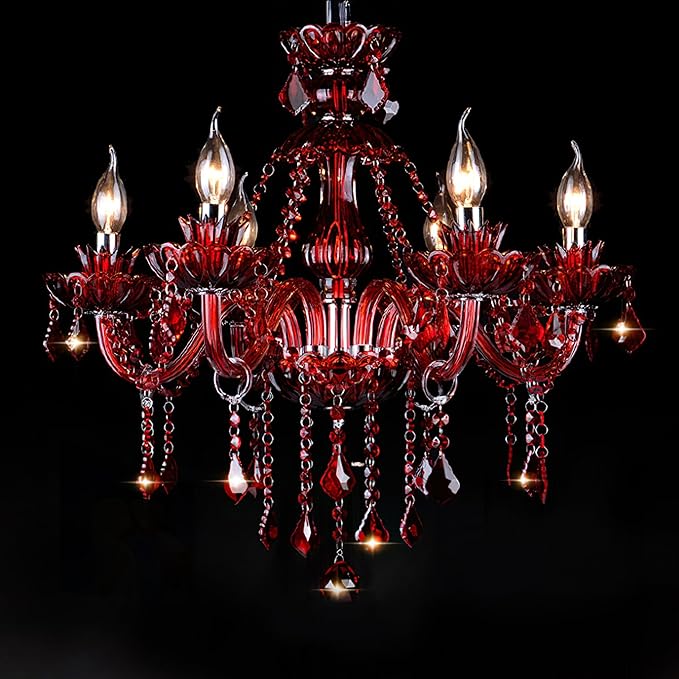 Bagood Red 6 Lights K9 Crystal Candle Chandeliers Lighting Modern Pendant Lights Crystal Modern Chandelier Candle Chandelier Lighting for Living Room Bedroom Hallway Entry E12 Base, H22 x W23.6 Inch