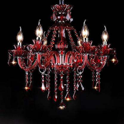 Bagood Red 6 Lights K9 Crystal Candle Chandeliers Lighting Modern Pendant Lights Crystal Modern Chandelier Candle Chandelier Lighting for Living Room Bedroom Hallway Entry E12 Base, H22 x W23.6 Inch