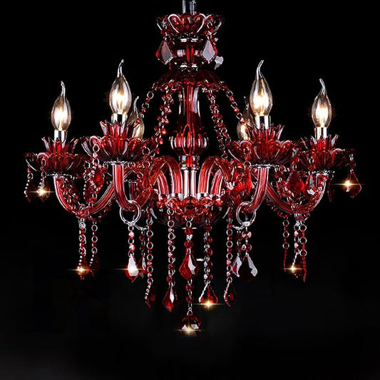Bagood Red 6 Lights K9 Crystal Candle Chandeliers Lighting Modern Pendant Lights Crystal Modern Chandelier Candle Chandelier Lighting for Living Room Bedroom Hallway Entry E12 Base, H22 x W23.6 Inch